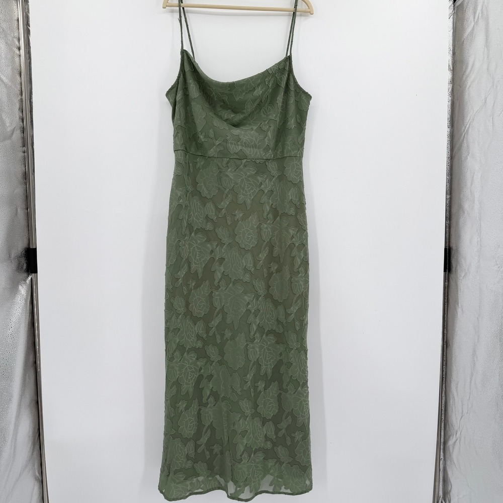 Hutch Olive Green Floral Burnout Cowl Neck Spaghetti Straps Midi Dress Size 16